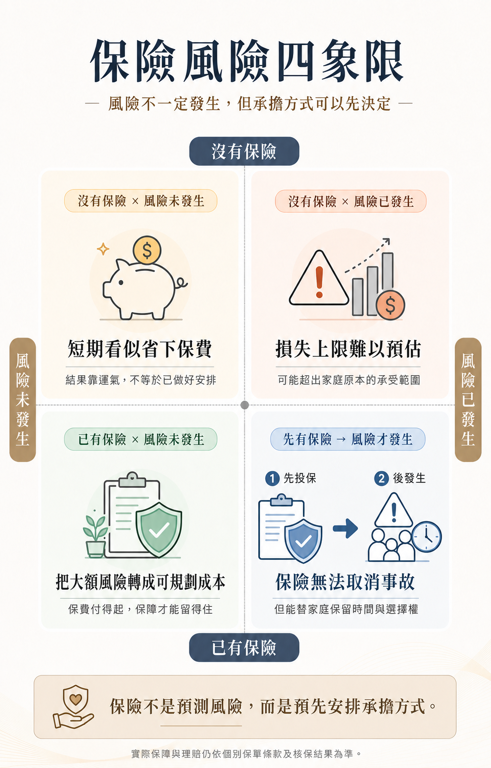 保險風險四象限圖卡；右下角明確呈現先投保，再發生風險的時間順序