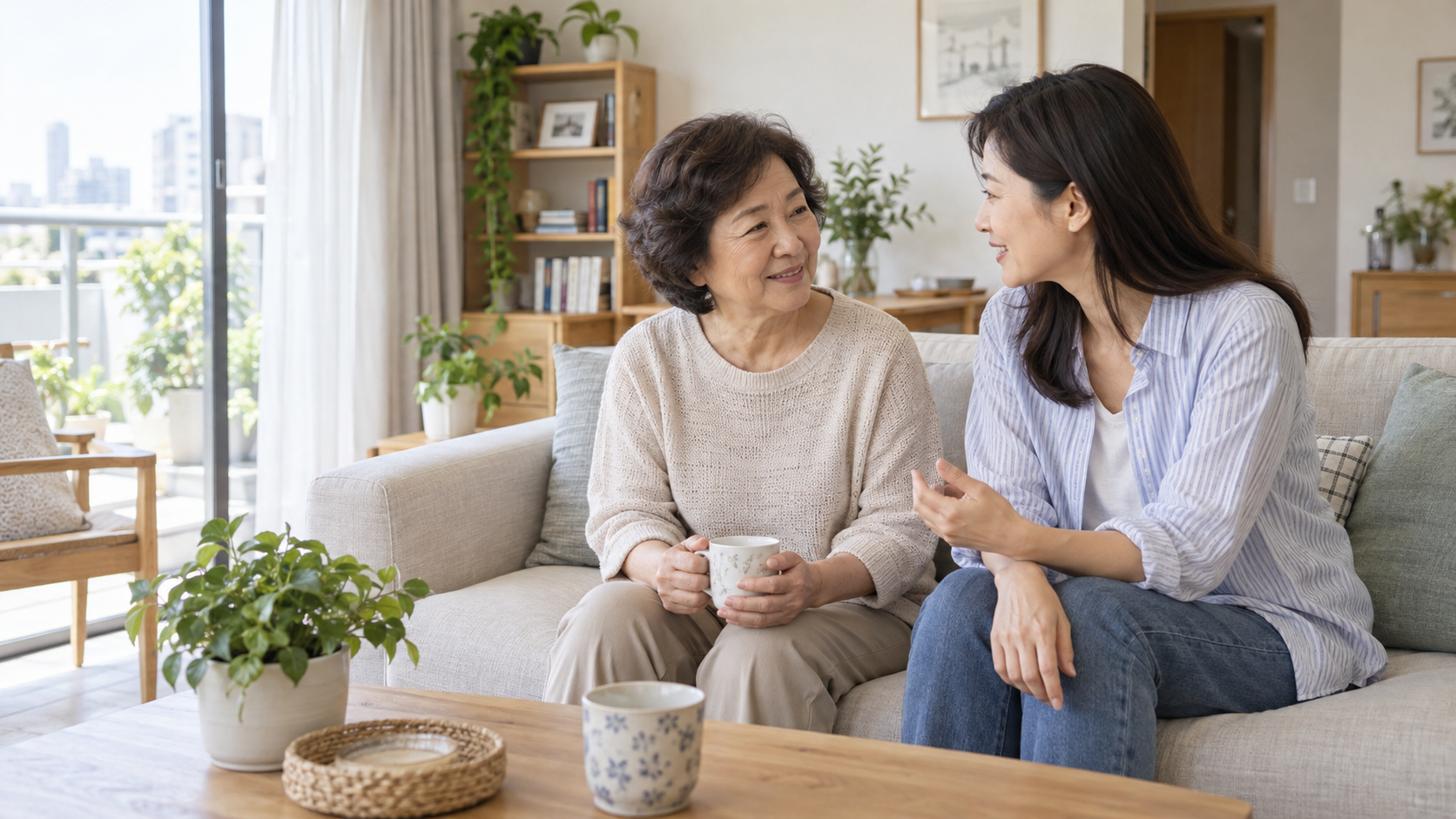 明亮客廳中，中高齡女性與成年女兒自然交談的居家情境示意
